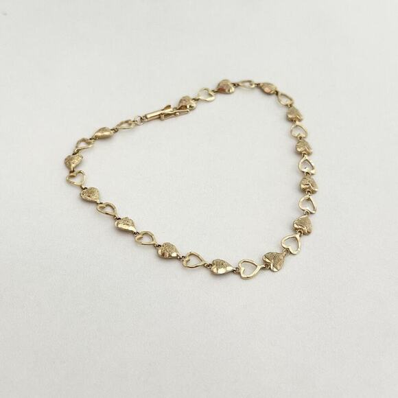 Vintage 14K Yellow Gold Open Heart Diamond Cut Chain Link Bracelet - Picture 3 of 10